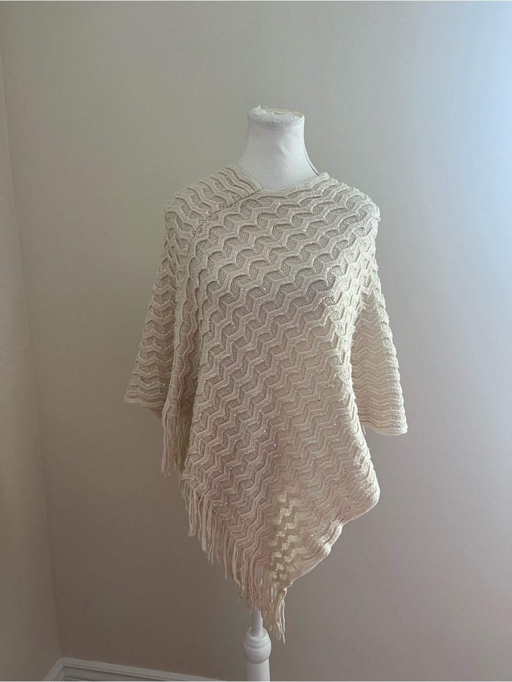 Cream Knit Fringe Poncho Sweater
